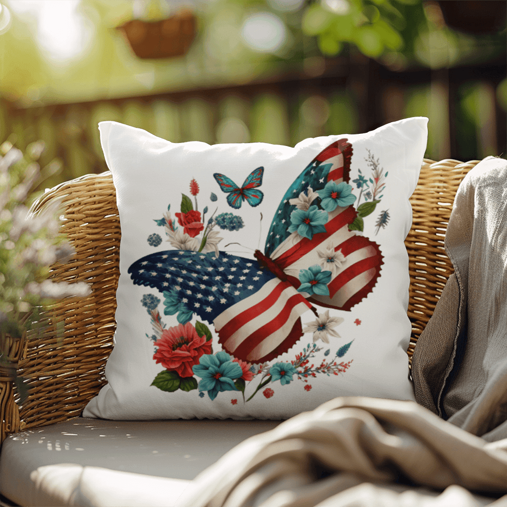 Patriotic Floral Butterfly Pillow – American Flag Butterfly Throw Pillow – Red White Blue Cottagecore Farmhouse Decor