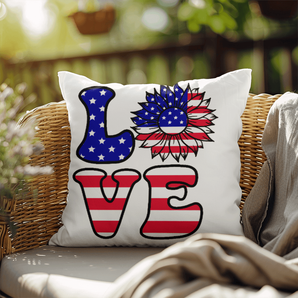 Patriotic Love Pillow, USA Flag Sunflower Throw Pillow, Indoor Outdoor Polyester Cushion, 4th of July Home Decor, American Flag Accent Pillow