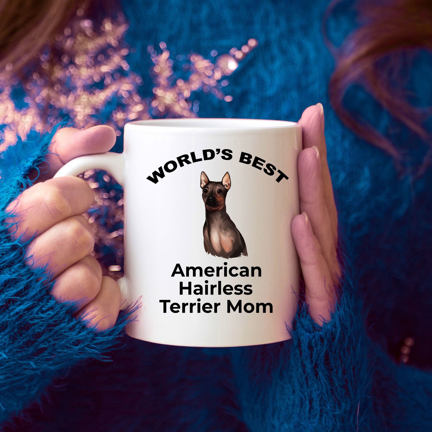 American Hairless Terrier Best Mom Coffee Mug - white, pink, black red and navy two tone