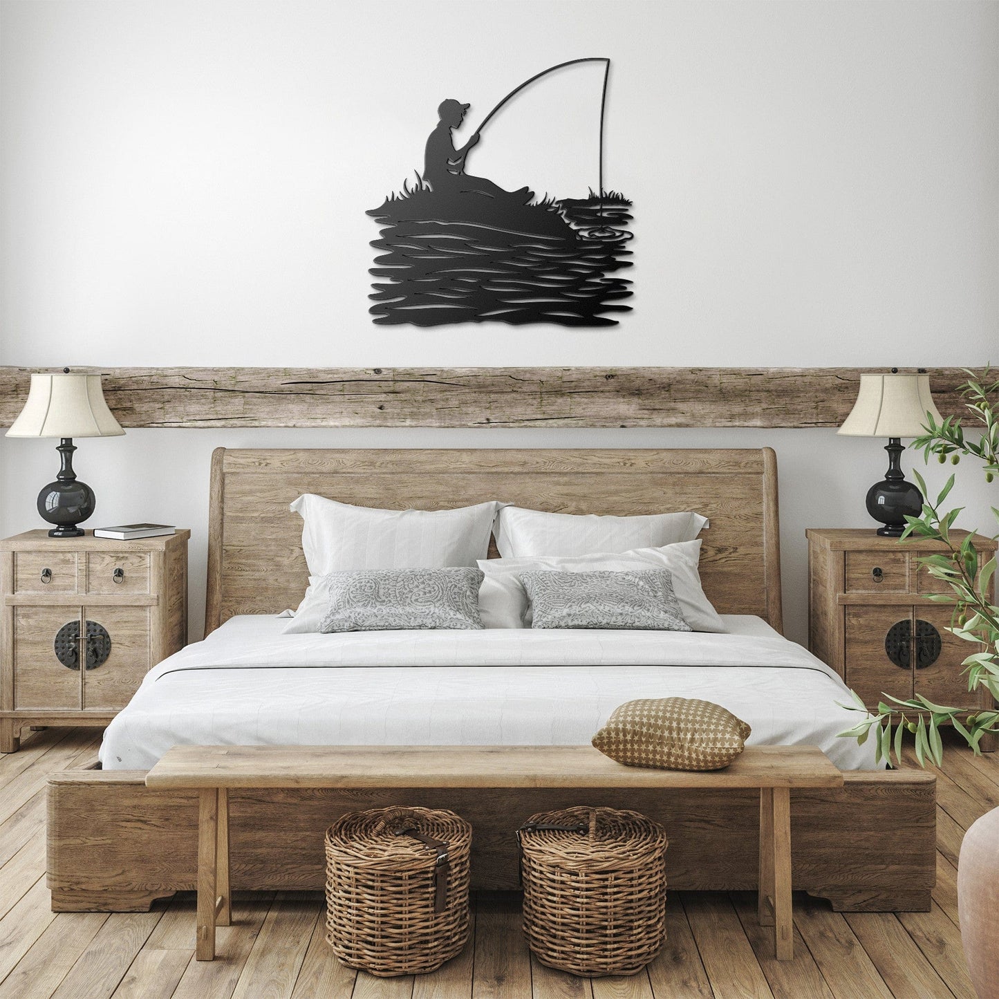 Boy Fishing on Lake Metal Wall Art