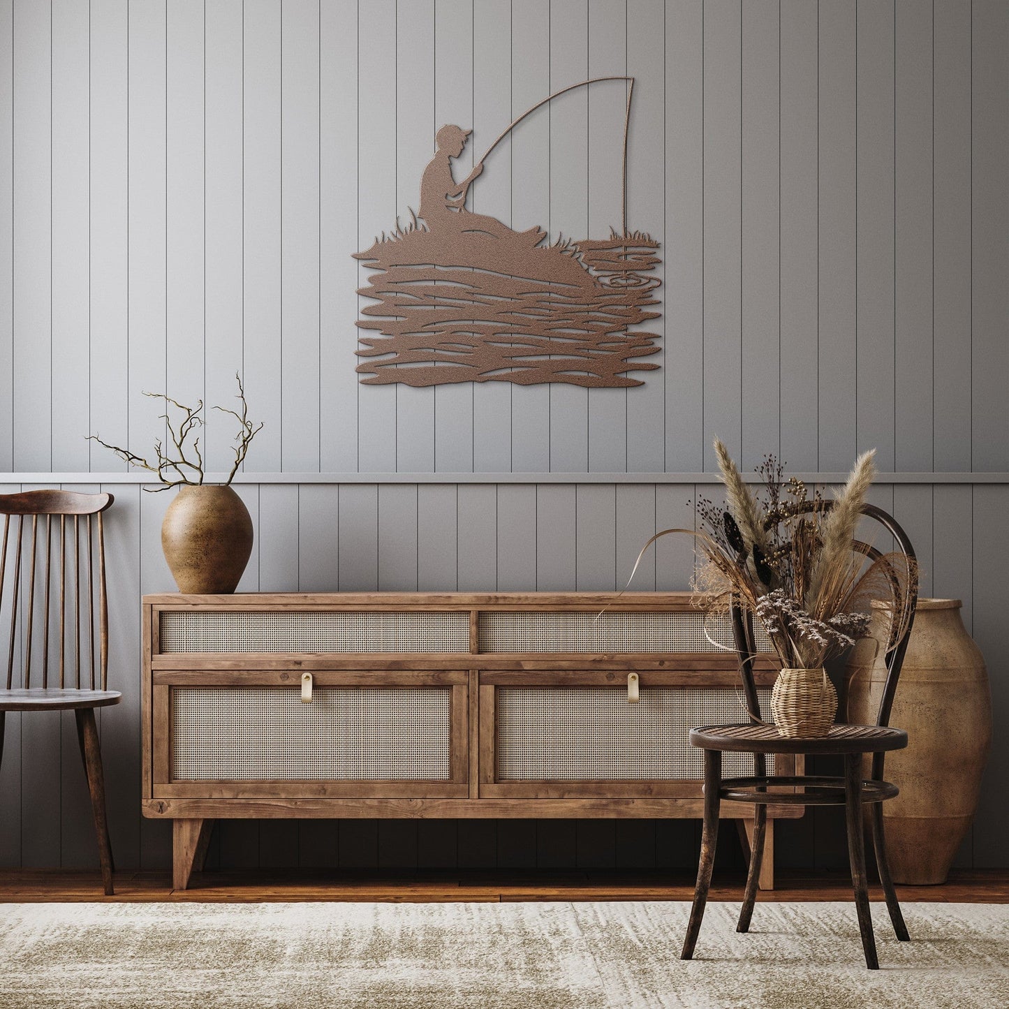 Boy Fishing on Lake Metal Wall Art