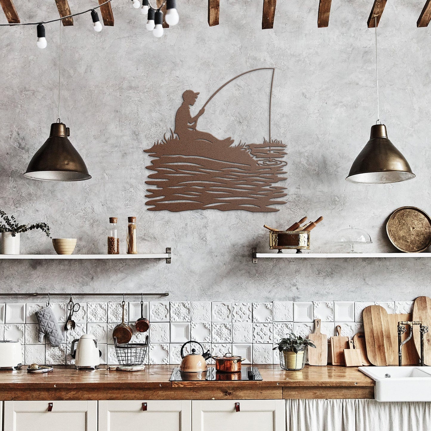 Boy Fishing on Lake Metal Wall Art