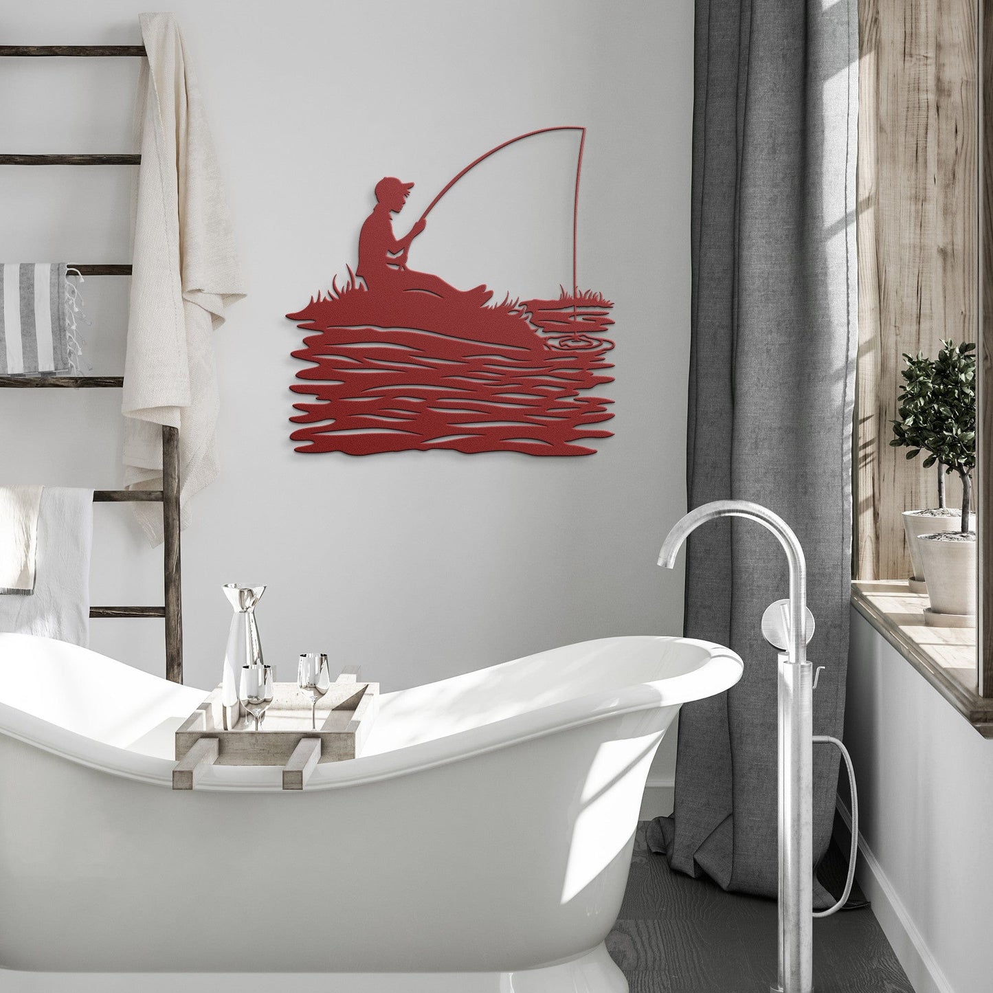 Boy Fishing on Lake Metal Wall Art