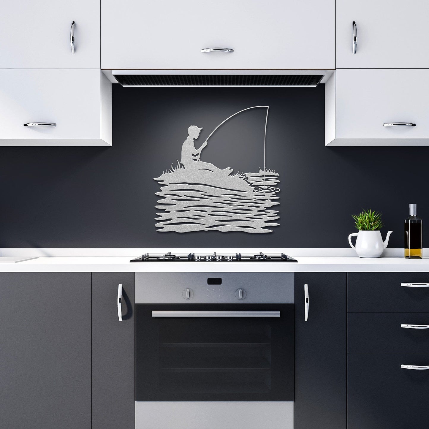 Boy Fishing on Lake Metal Wall Art