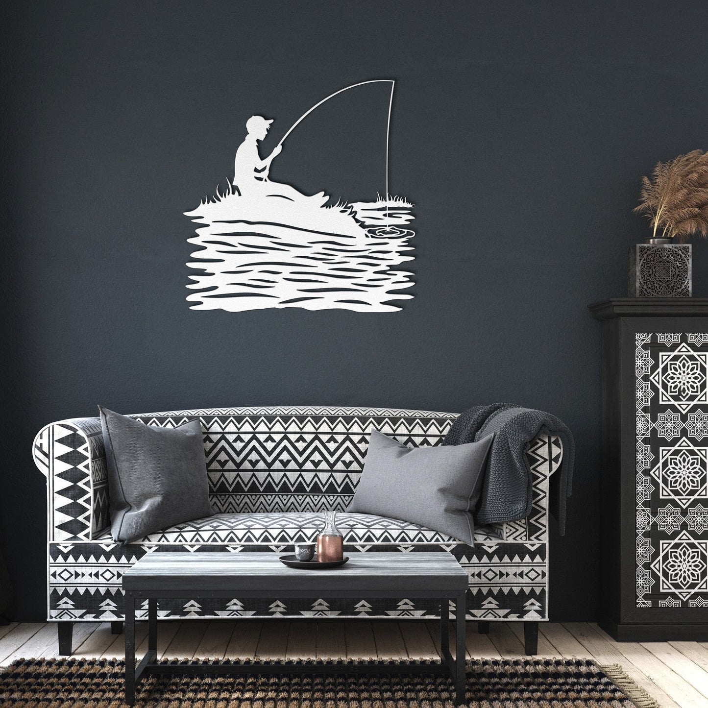 Boy Fishing on Lake Metal Wall Art