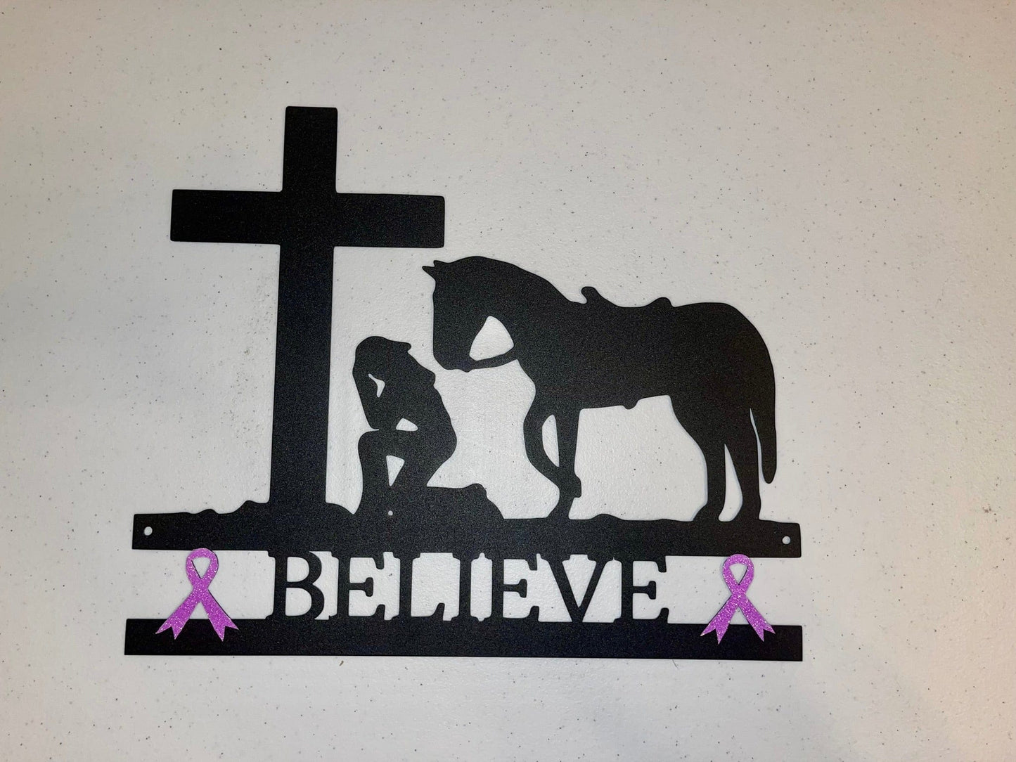 Cancer Ribbon Believe Cowgirl Kneeling at Cross Metal Art