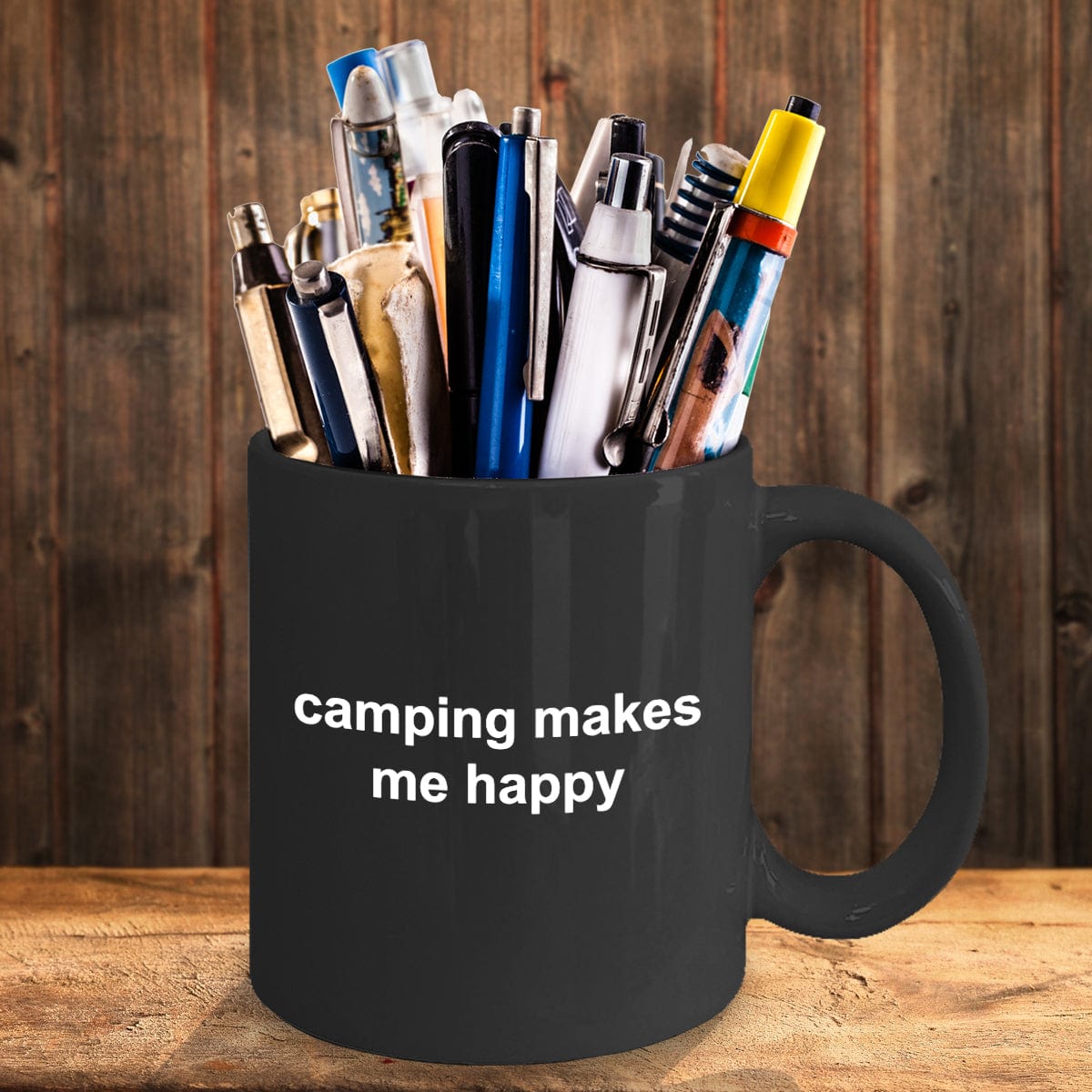 Camper Gift Camping Makes Me Happy Black CeramicCoffee Mug