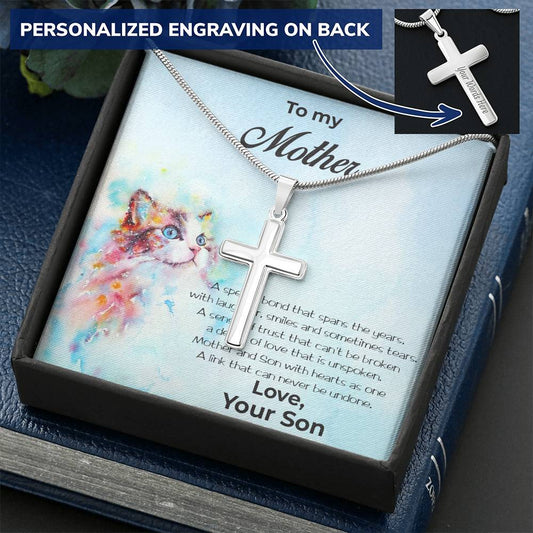 Personalized Cross Pendant Necklace Gift for Mother from Son on Cat Message Card