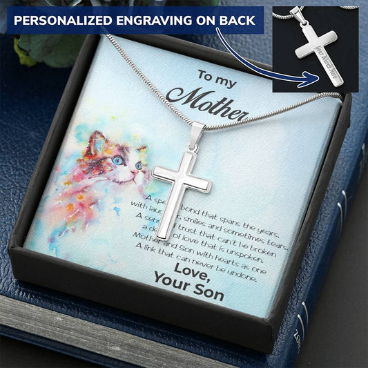 Personalized Cross Pendant Necklace Gift for Mother from Son on Cat Message Card