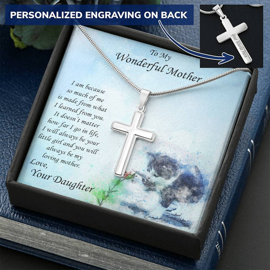 Personalized Cross Pendant Necklace Gift for Wonderful Mother from Daughter on Kitten Message Card
