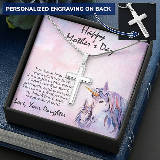 Personalized Cross Pendant Necklace Gift for Mother's Day from Daughter Unicorn Message Card