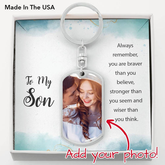 Personalized Gift for Son Engraved Back Photo Upload Military Style Dog Tag Keychain