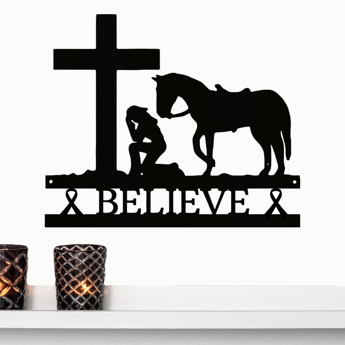 Cancer Ribbon Believe Cowgirl Kneeling at Cross Metal Art