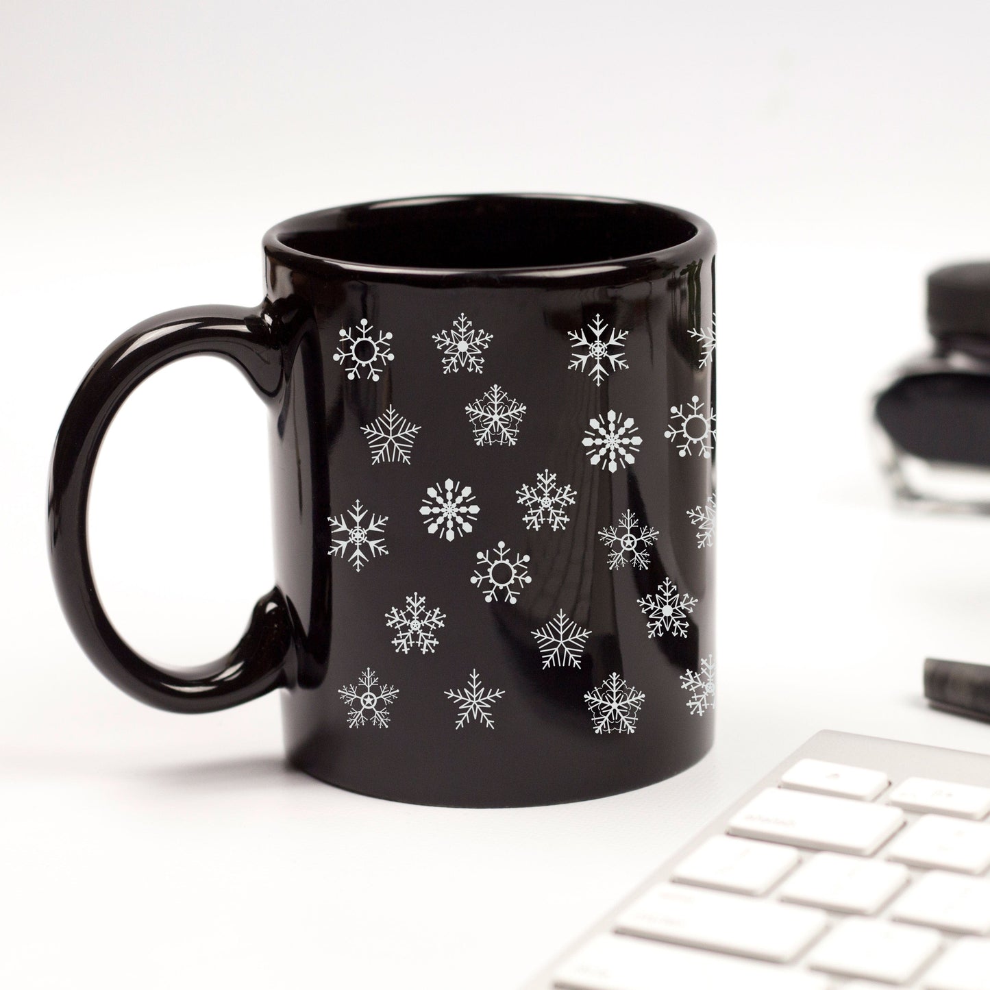 Snowflake Black Ceramic Coffee, Hot Chocolate Mug