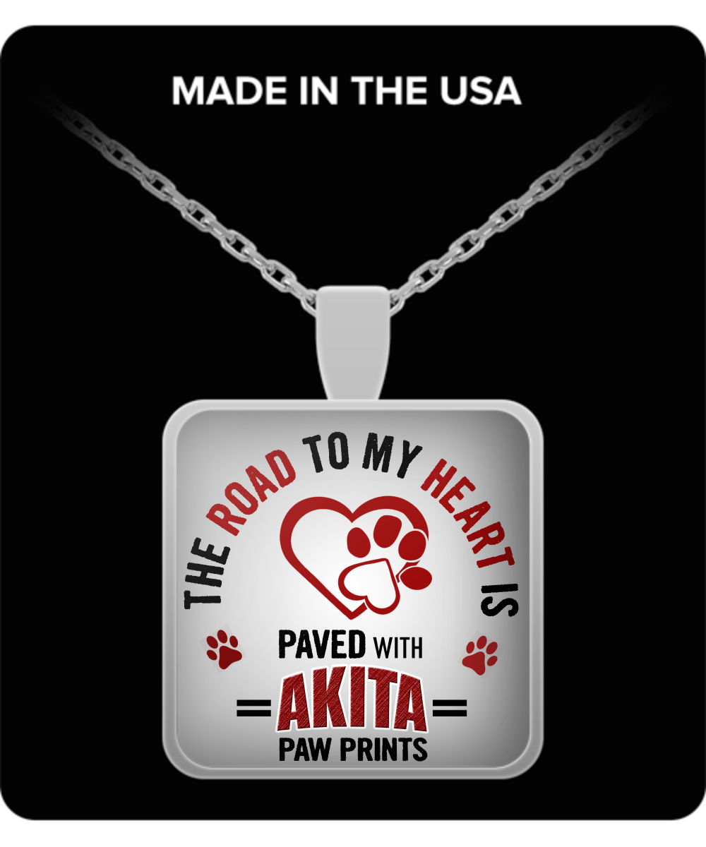 The Road To My Heart Is Paved With Akita Paw Prints Square Pendant Necklace