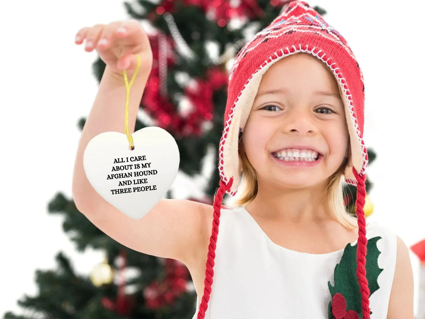 Afghan Hound Dog Lover Gifts from Friends to Family, Heart Ornament with Funny Quote, White Sturdy MDF, 3-Inch, Gold-Tone String, Christmas Unique Gift