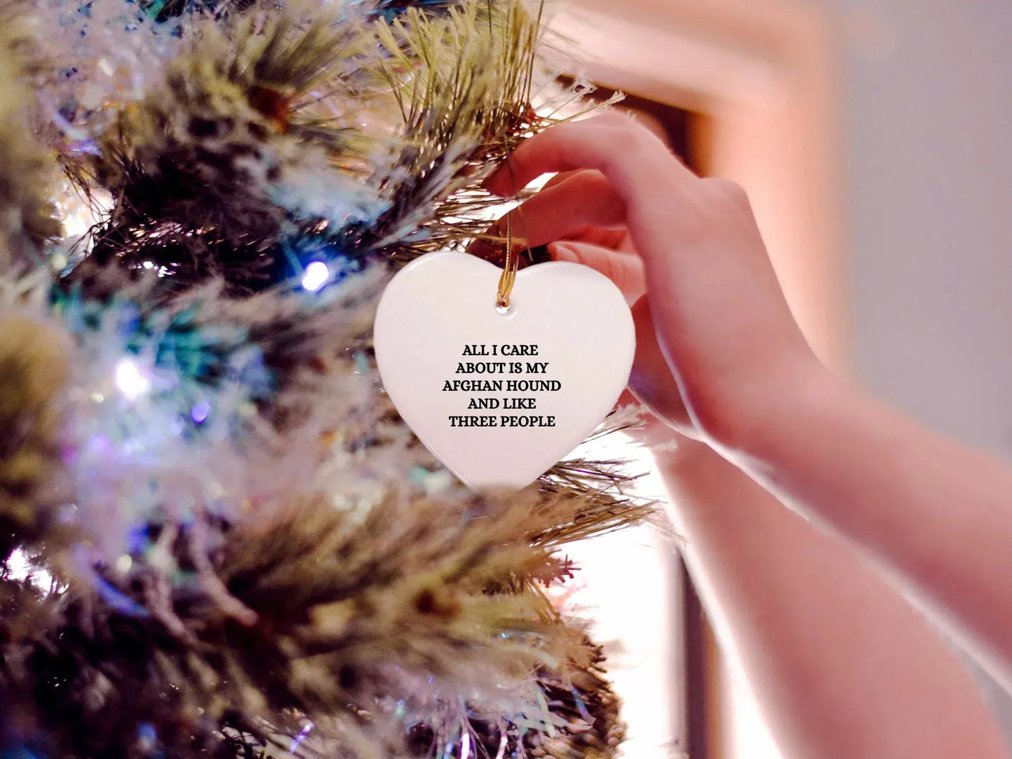 Afghan Hound Dog Lover Gifts from Friends to Family, Heart Ornament with Funny Quote, White Sturdy MDF, 3-Inch, Gold-Tone String, Christmas Unique Gift