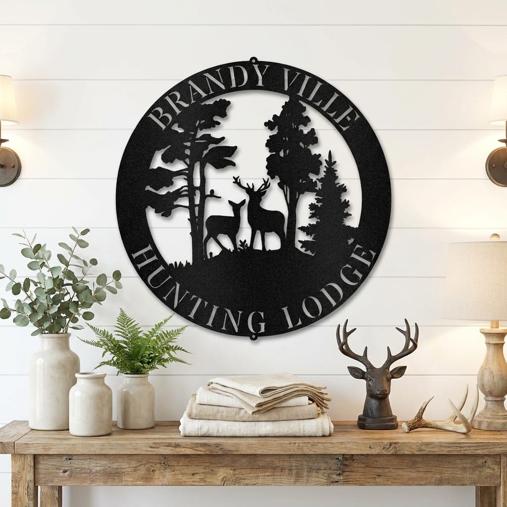 Personalized Deer Scene Metal Sign – Custom Last Name Wall Art – Rustic Cabin Forest Decor Gift