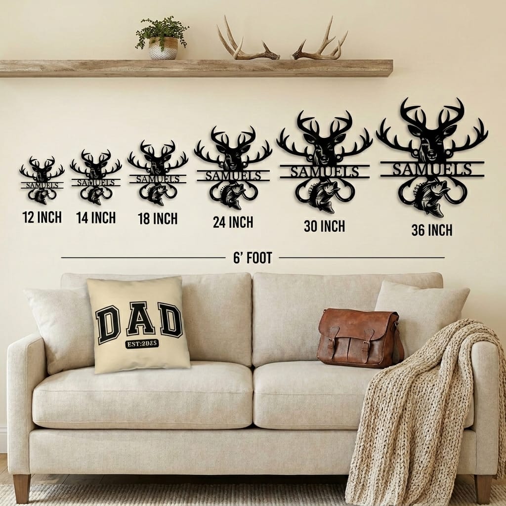 Personalized Outdoorsman Metal Wall Art Deer Hunting and Bass Fishing Sign Custom Name Rustic Cabin Decor Hunter Fisherman Gift
