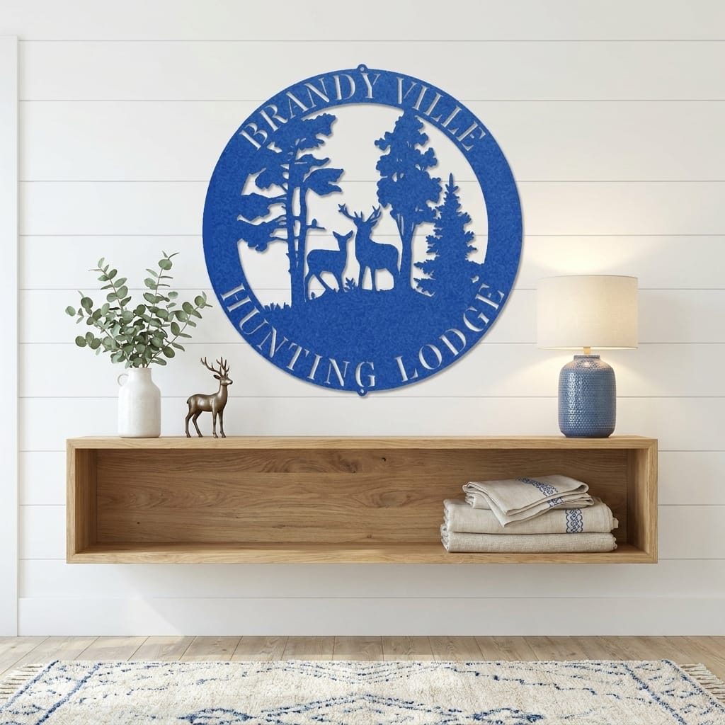 Personalized Deer Scene Metal Sign – Custom Last Name Wall Art – Rustic Cabin Forest Decor Gift