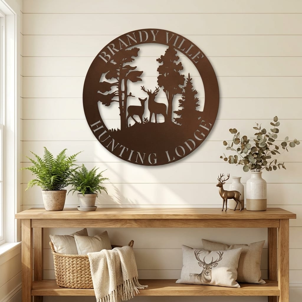 Personalized Deer Scene Metal Sign – Custom Last Name Wall Art – Rustic Cabin Forest Decor Gift