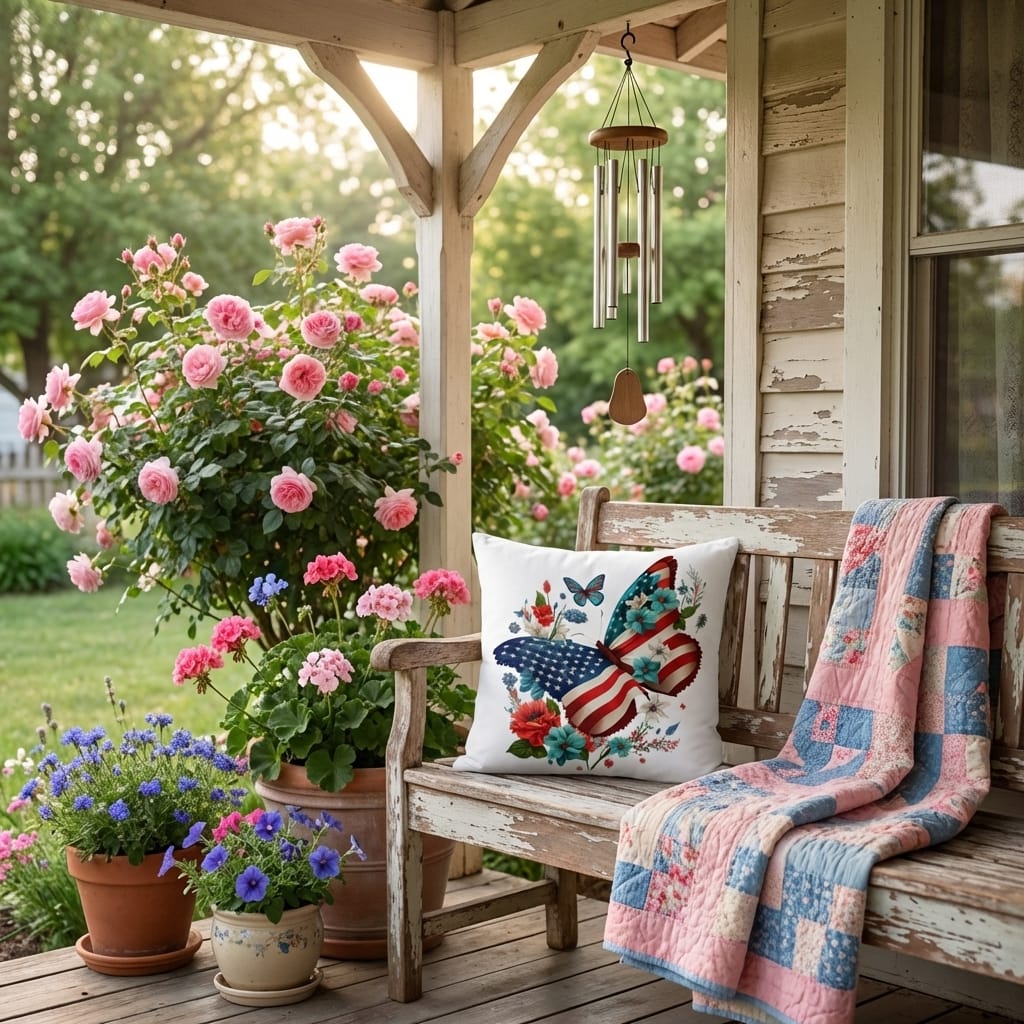 Patriotic Floral Butterfly Pillow – American Flag Butterfly Throw Pillow – Red White Blue Cottagecore Farmhouse Decor