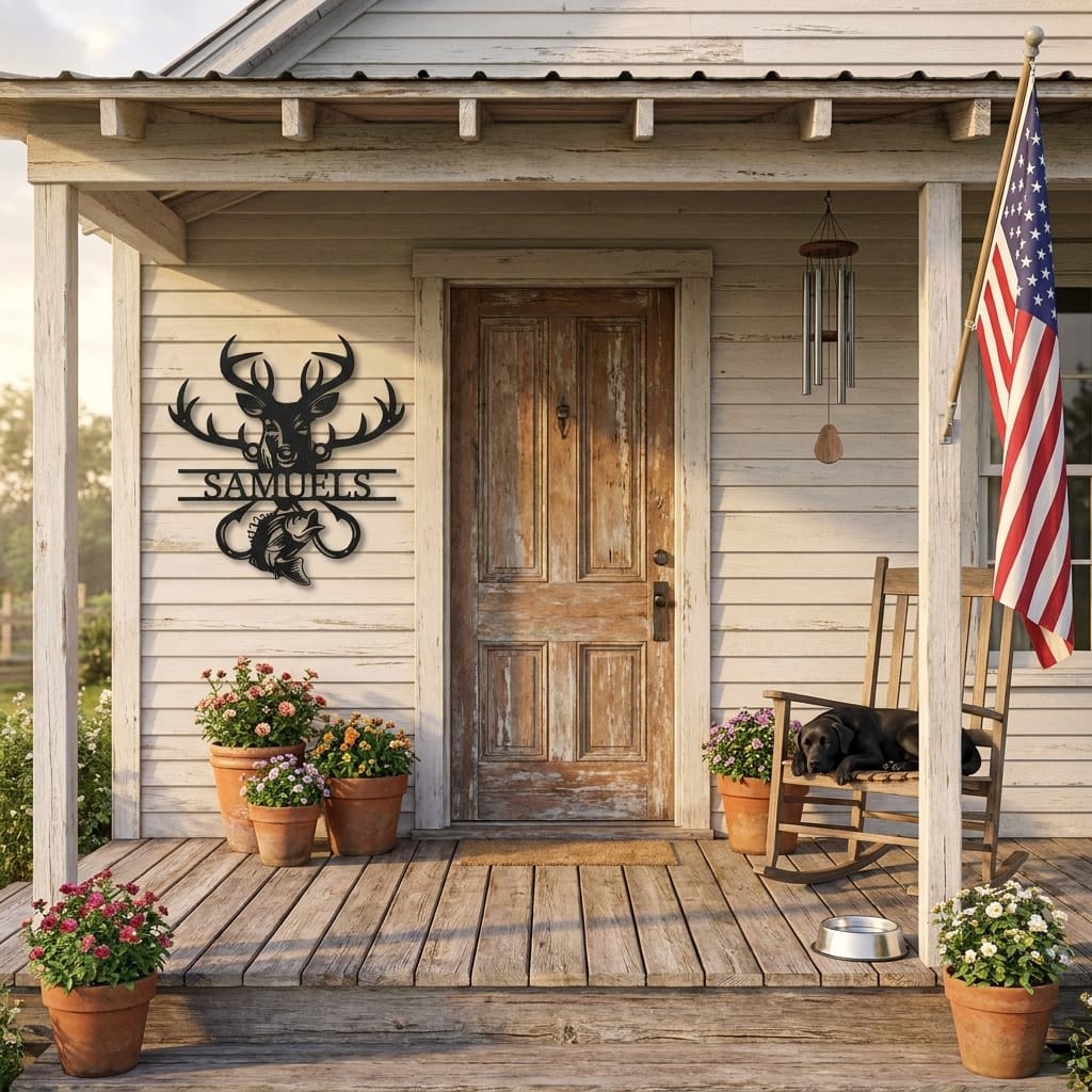 Personalized Outdoorsman Metal Wall Art Deer Hunting and Bass Fishing Sign Custom Name Rustic Cabin Decor Hunter Fisherman Gift