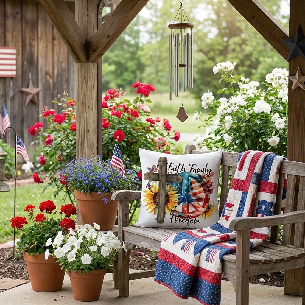 Faith Family Freedom Patriotic Pillow – Christian American Flag Indoor Outdoor Pillow – Rustic Farmhouse Cross Decor – Inspirational USA Throw Pillow