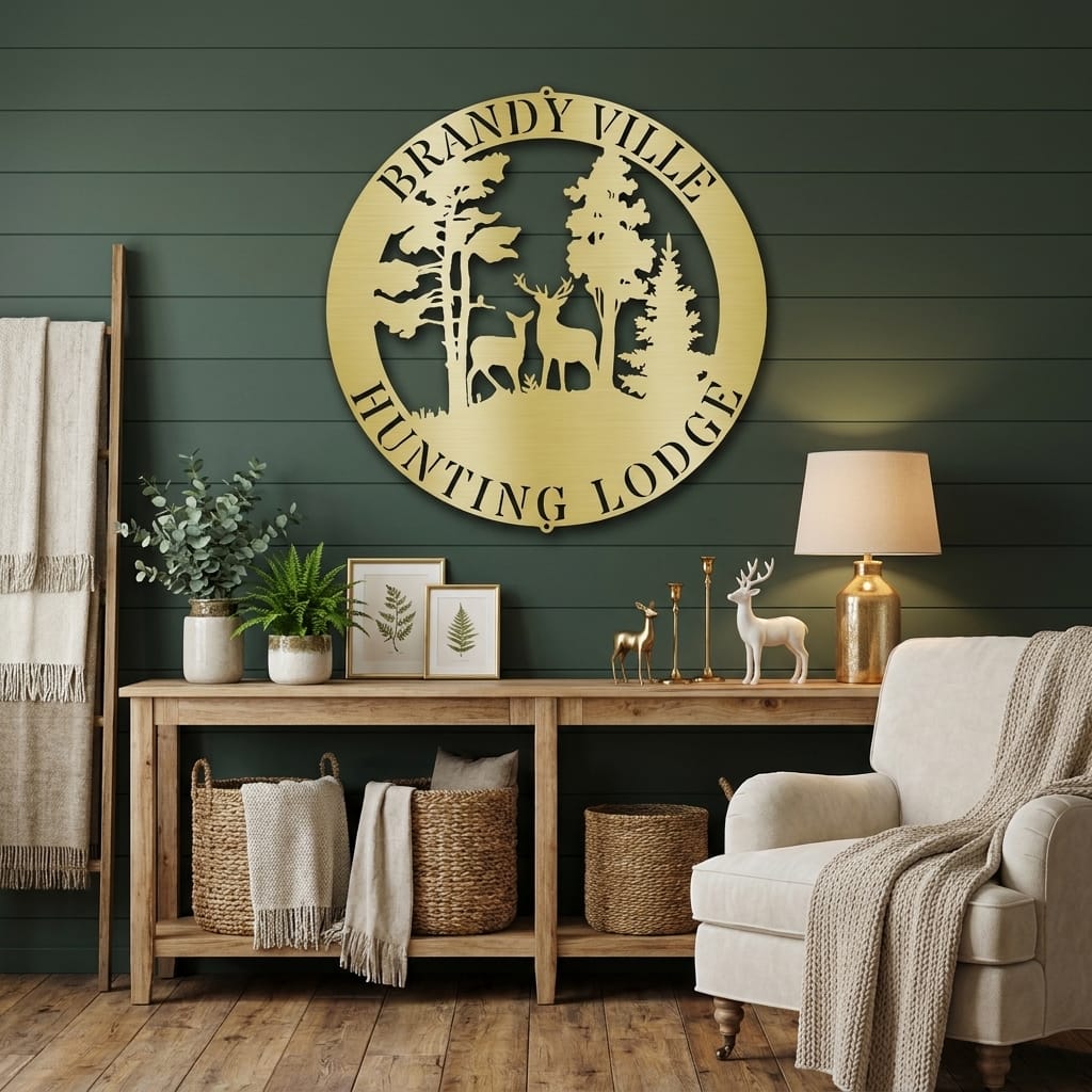 Personalized Deer Scene Metal Sign – Custom Last Name Wall Art – Rustic Cabin Forest Decor Gift