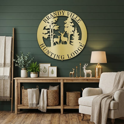 Personalized Deer Scene Metal Sign – Custom Last Name Wall Art – Rustic Cabin Forest Decor Gift