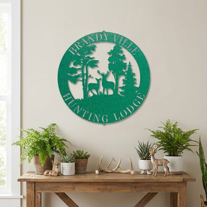 Personalized Deer Scene Metal Sign – Custom Last Name Wall Art – Rustic Cabin Forest Decor Gift