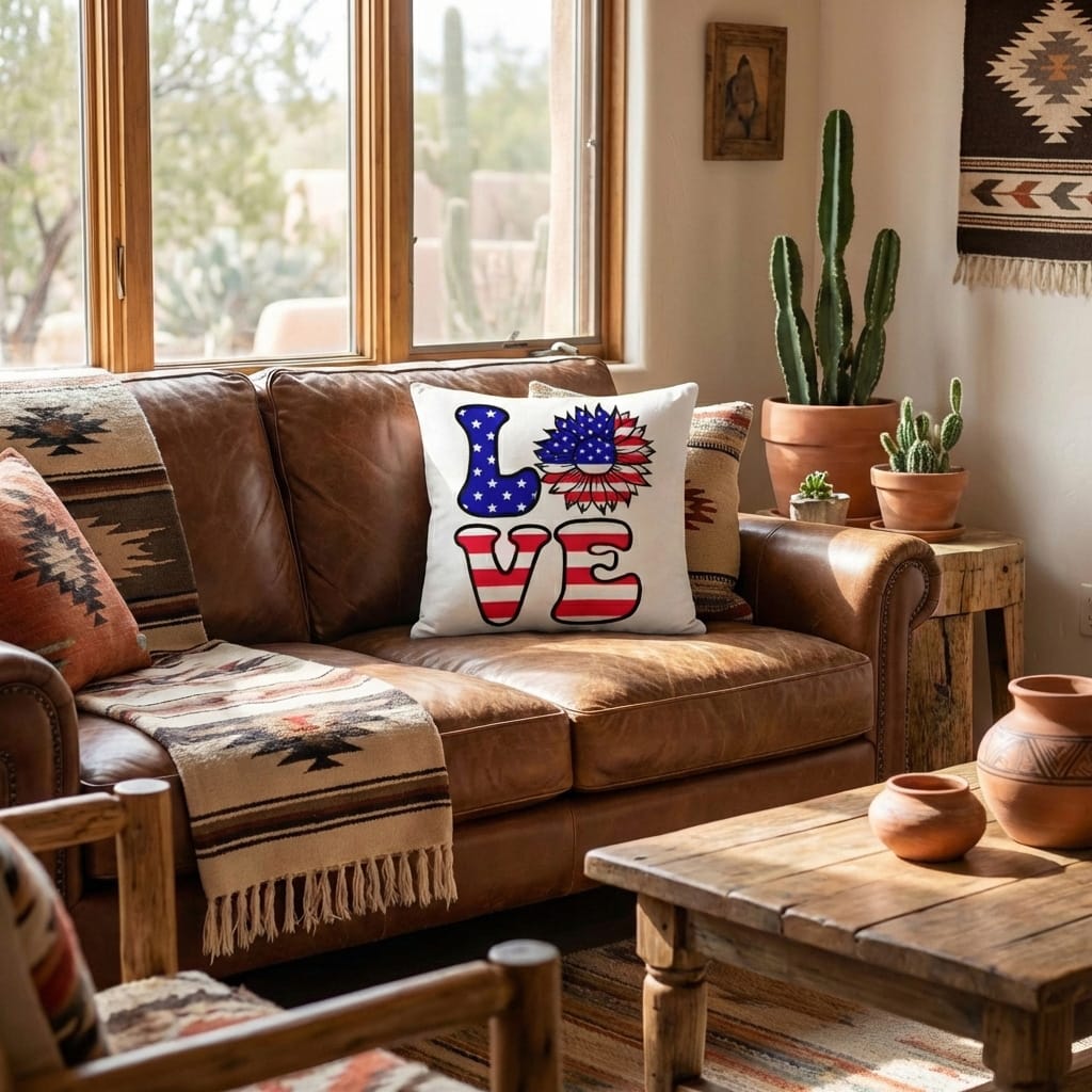 Patriotic Love Pillow, USA Flag Sunflower Throw Pillow, Indoor Outdoor Polyester Cushion, 4th of July Home Decor, American Flag Accent Pillow