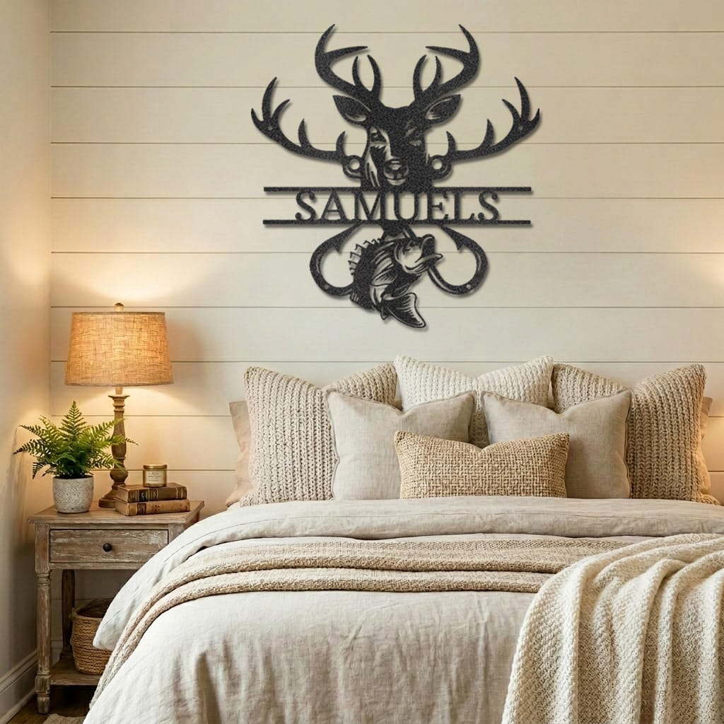 Personalized Outdoorsman Metal Wall Art Deer Hunting and Bass Fishing Sign Custom Name Rustic Cabin Decor Hunter Fisherman Gift