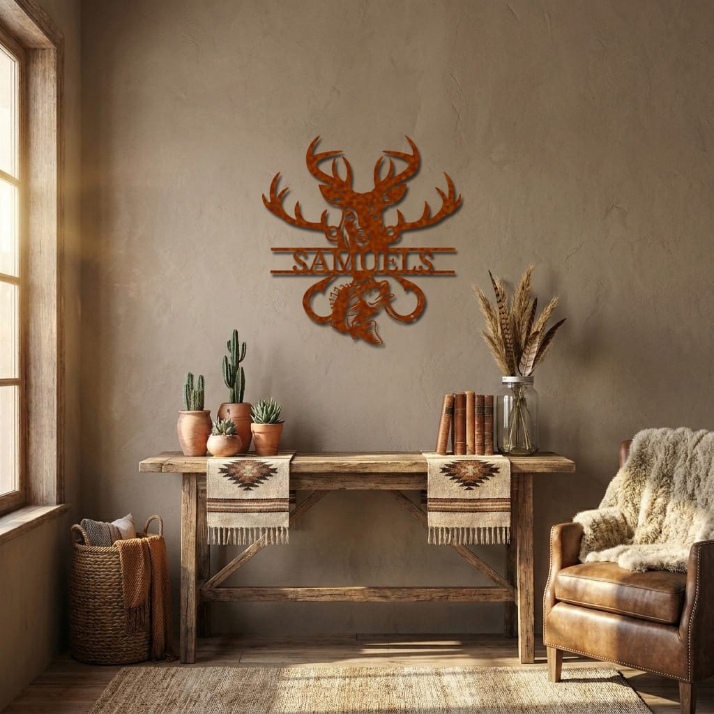 Personalized Outdoorsman Metal Wall Art Deer Hunting and Bass Fishing Sign Custom Name Rustic Cabin Decor Hunter Fisherman Gift