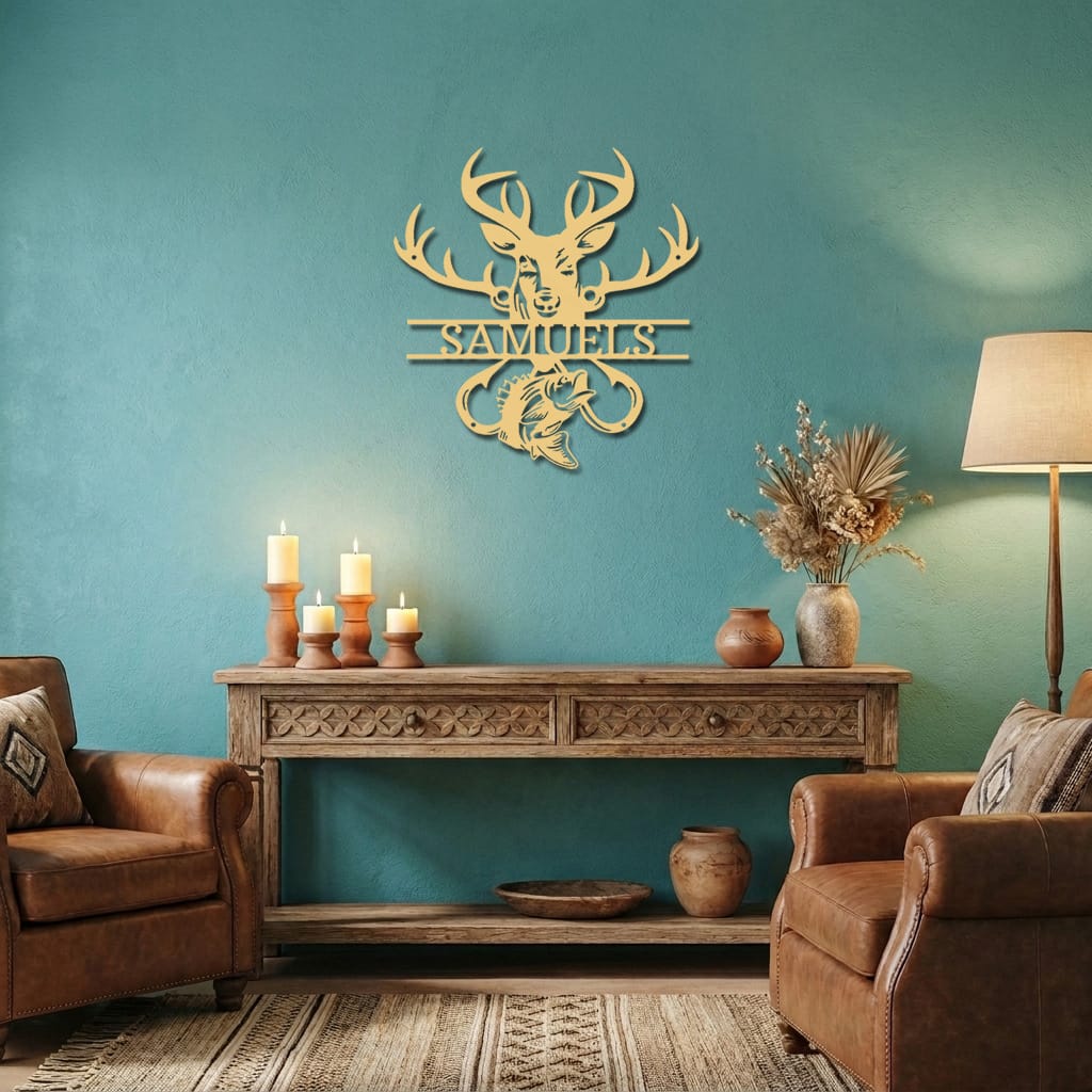 Personalized Outdoorsman Metal Wall Art Deer Hunting and Bass Fishing Sign Custom Name Rustic Cabin Decor Hunter Fisherman Gift