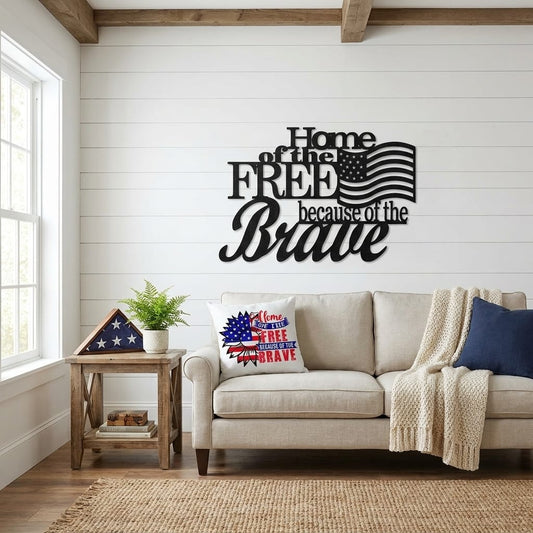 Patriotic Home of the Free Wall Art, American Flag Metal Sign, Rustic Farmhouse USA Decor, Military Tribute Wall Hanging Living Room Decor