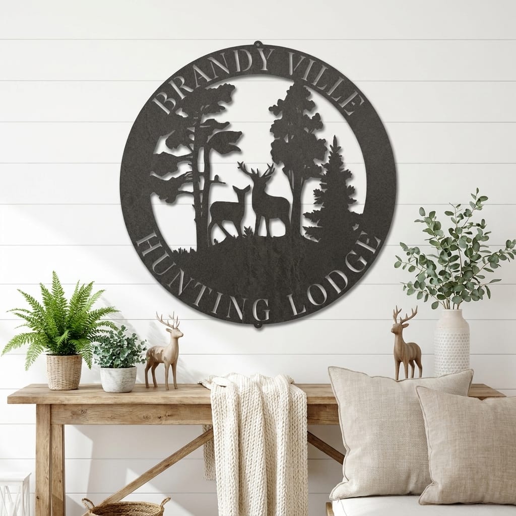Personalized Deer Scene Metal Sign – Custom Last Name Wall Art – Rustic Cabin Forest Decor Gift