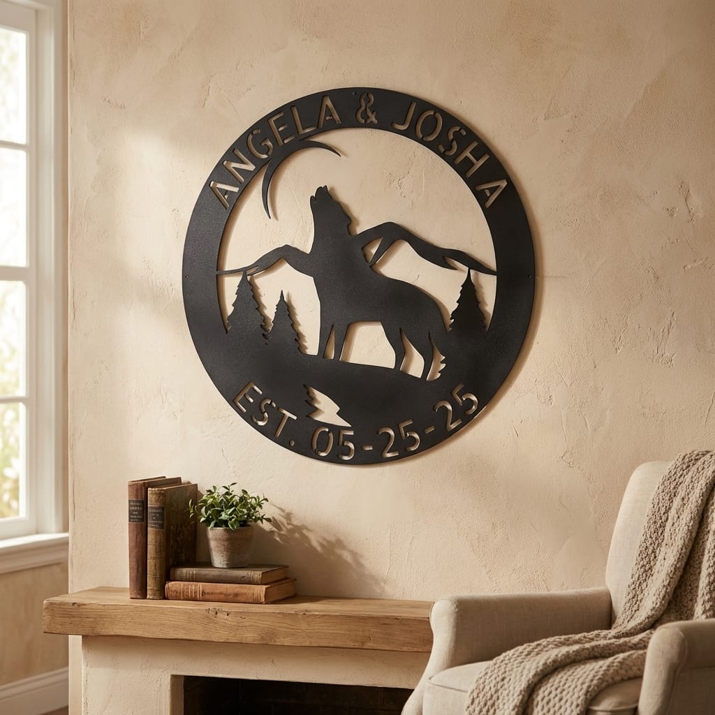 Howling Wolf Monogram Custom Indoor Outdoor Steel Wall Sign Art