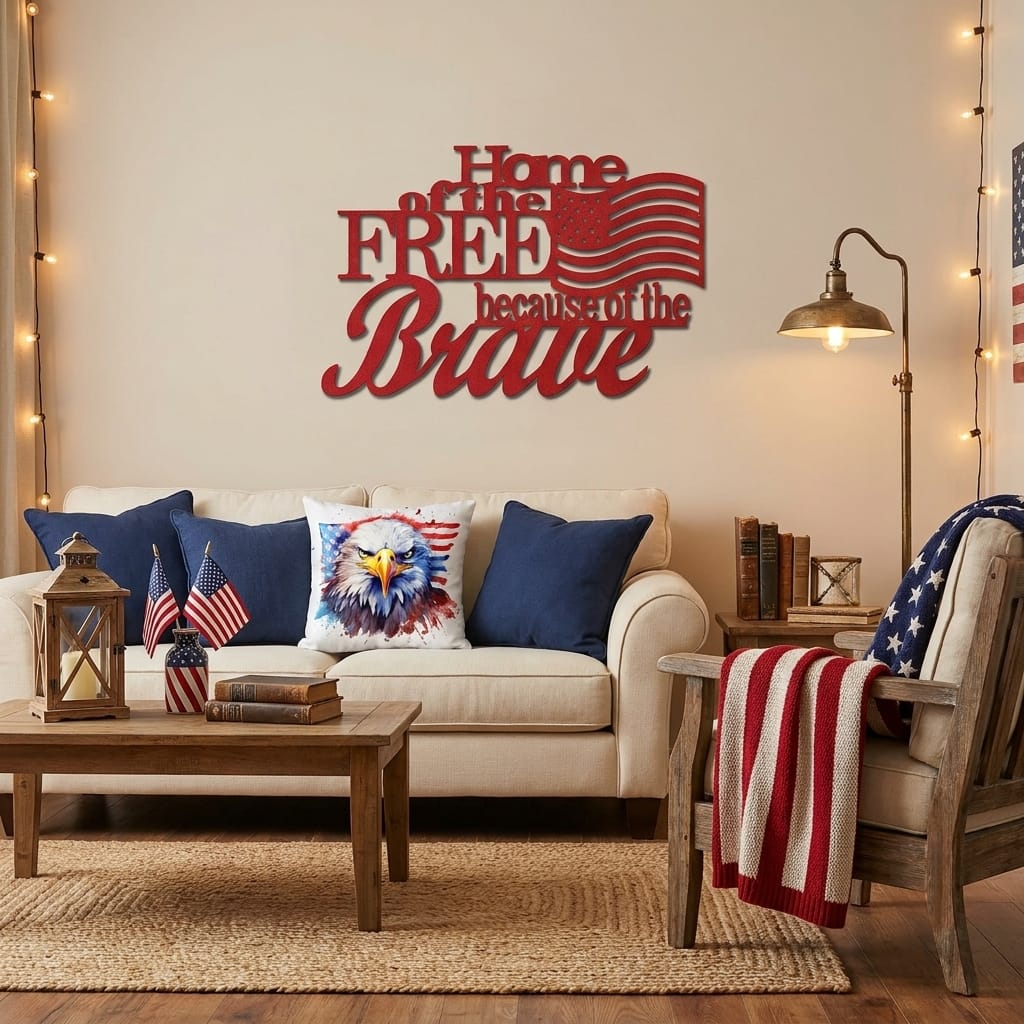 Patriotic Home of the Free Wall Art, American Flag Metal Sign, Rustic Farmhouse USA Decor, Military Tribute Wall Hanging Living Room Decor
