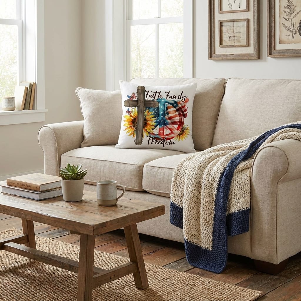 Faith Family Freedom Patriotic Pillow – Christian American Flag Indoor Outdoor Pillow – Rustic Farmhouse Cross Decor – Inspirational USA Throw Pillow