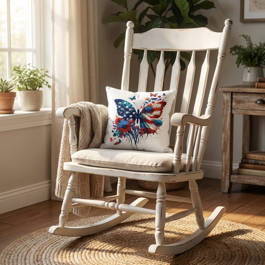 Patriotic Floral Butterfly Pillow – American Flag Butterfly Throw Pillow – Red White Blue Cottagecore Farmhouse Decor