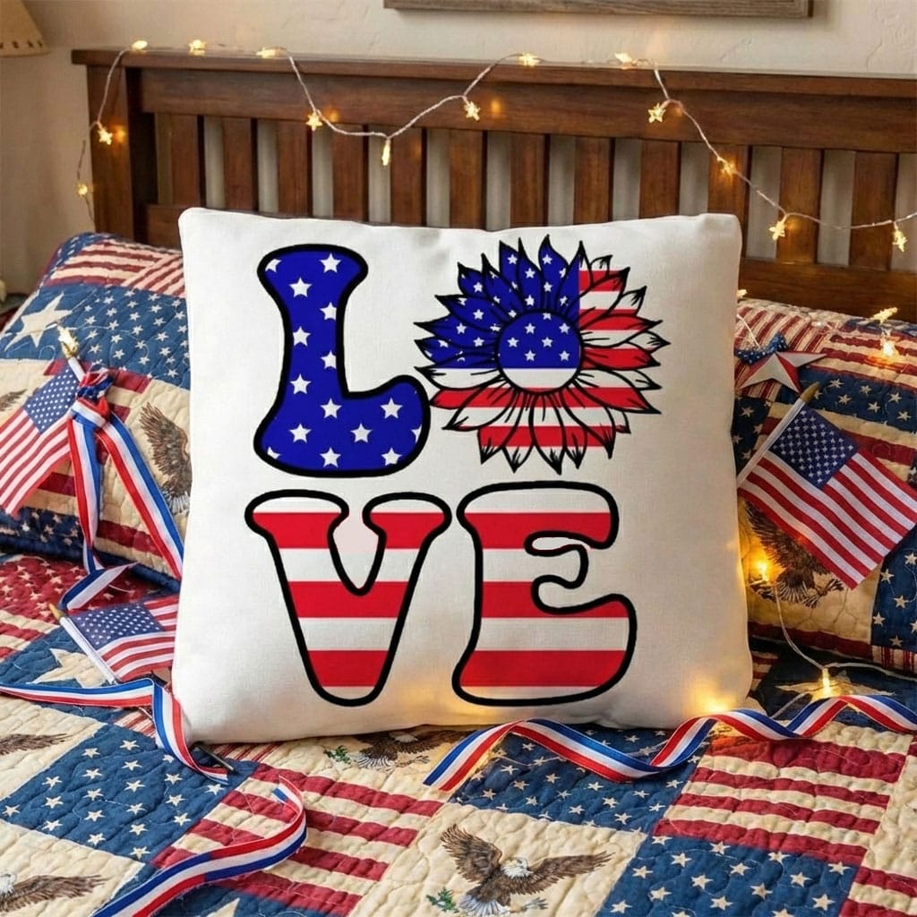 Patriotic Love Pillow, USA Flag Sunflower Throw Pillow, Indoor Outdoor Polyester Cushion, 4th of July Home Decor, American Flag Accent Pillow
