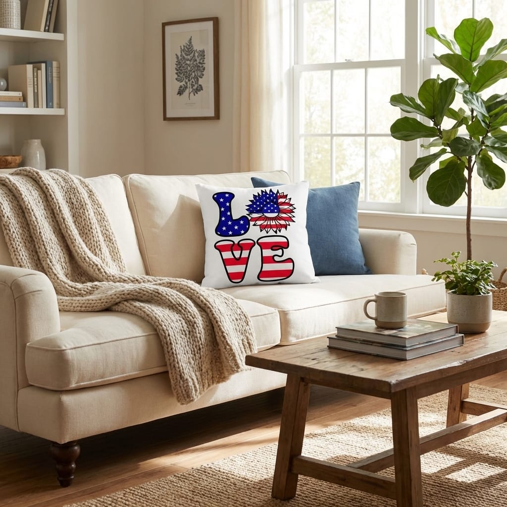 Patriotic Love Pillow, USA Flag Sunflower Throw Pillow, Indoor Outdoor Polyester Cushion, 4th of July Home Decor, American Flag Accent Pillow