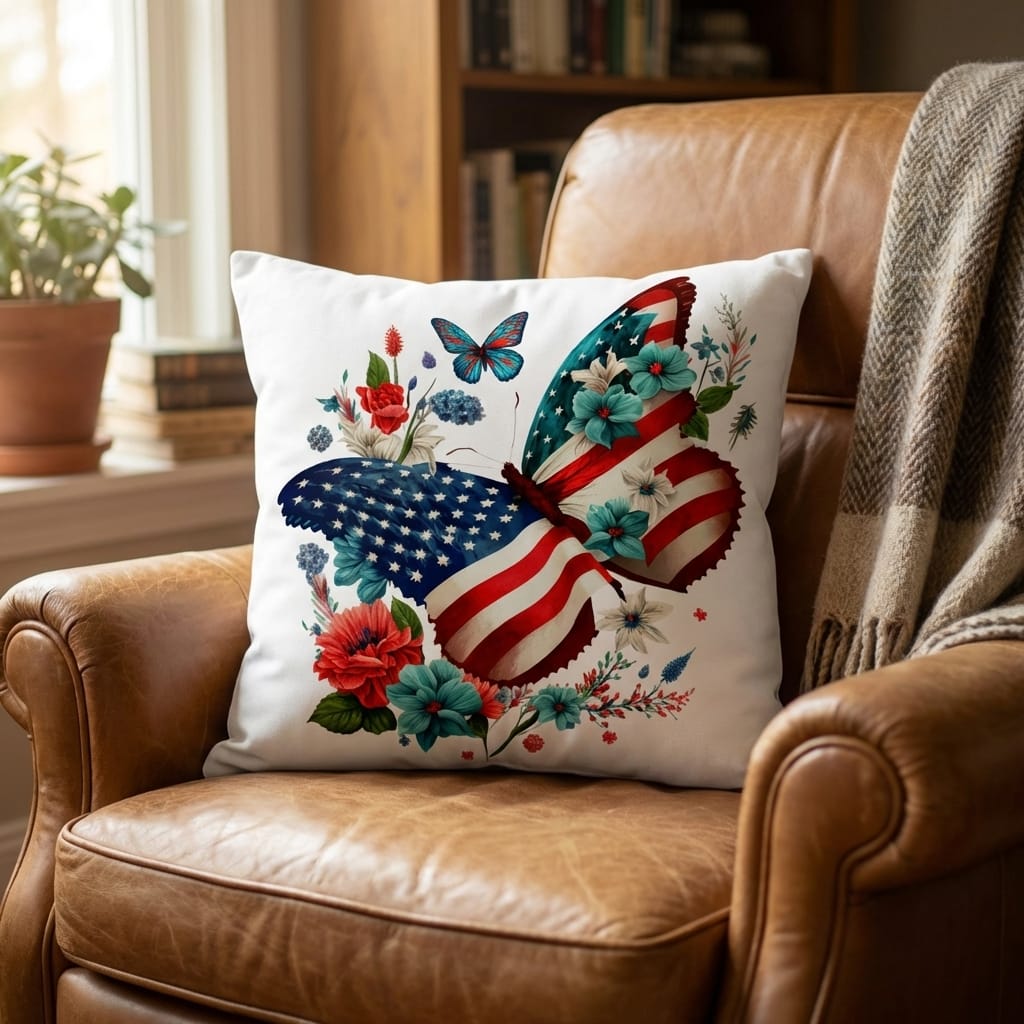 Patriotic Floral Butterfly Pillow – American Flag Butterfly Throw Pillow – Red White Blue Cottagecore Farmhouse Decor