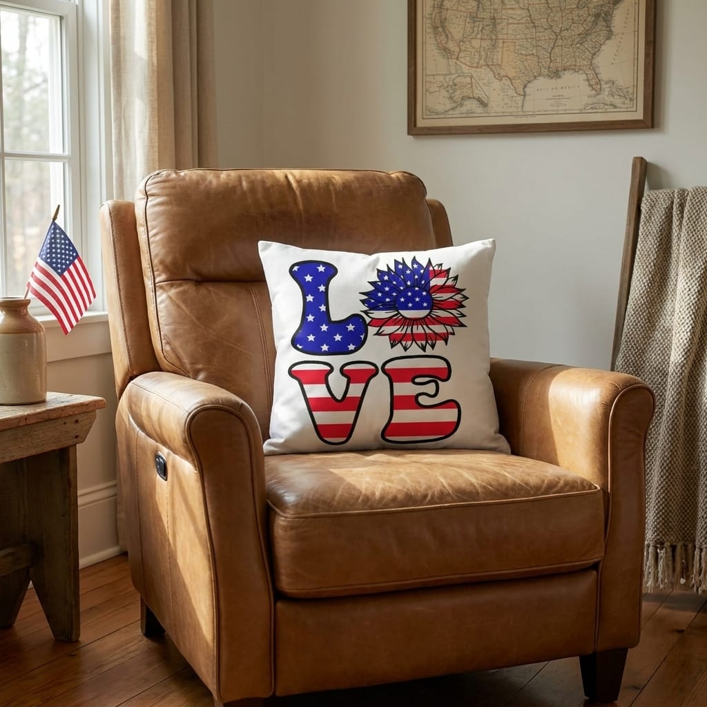 Patriotic Love Pillow, USA Flag Sunflower Throw Pillow, Indoor Outdoor Polyester Cushion, 4th of July Home Decor, American Flag Accent Pillow