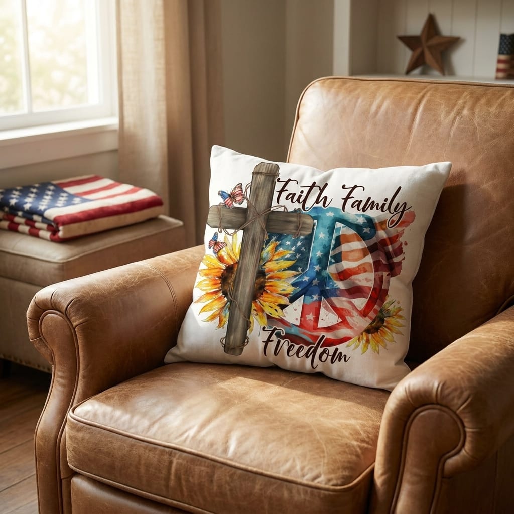 Faith Family Freedom Patriotic Pillow – Christian American Flag Indoor Outdoor Pillow – Rustic Farmhouse Cross Decor – Inspirational USA Throw Pillow