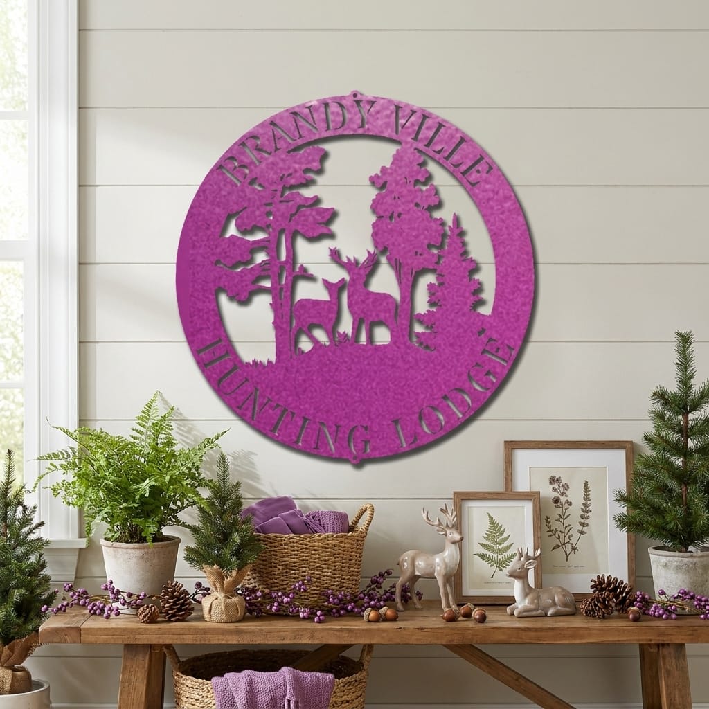 Personalized Deer Scene Metal Sign – Custom Last Name Wall Art – Rustic Cabin Forest Decor Gift