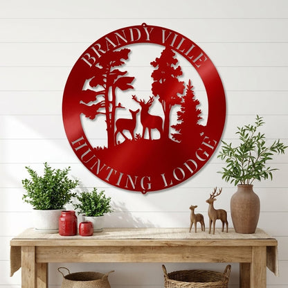 Personalized Deer Scene Metal Sign – Custom Last Name Wall Art – Rustic Cabin Forest Decor Gift