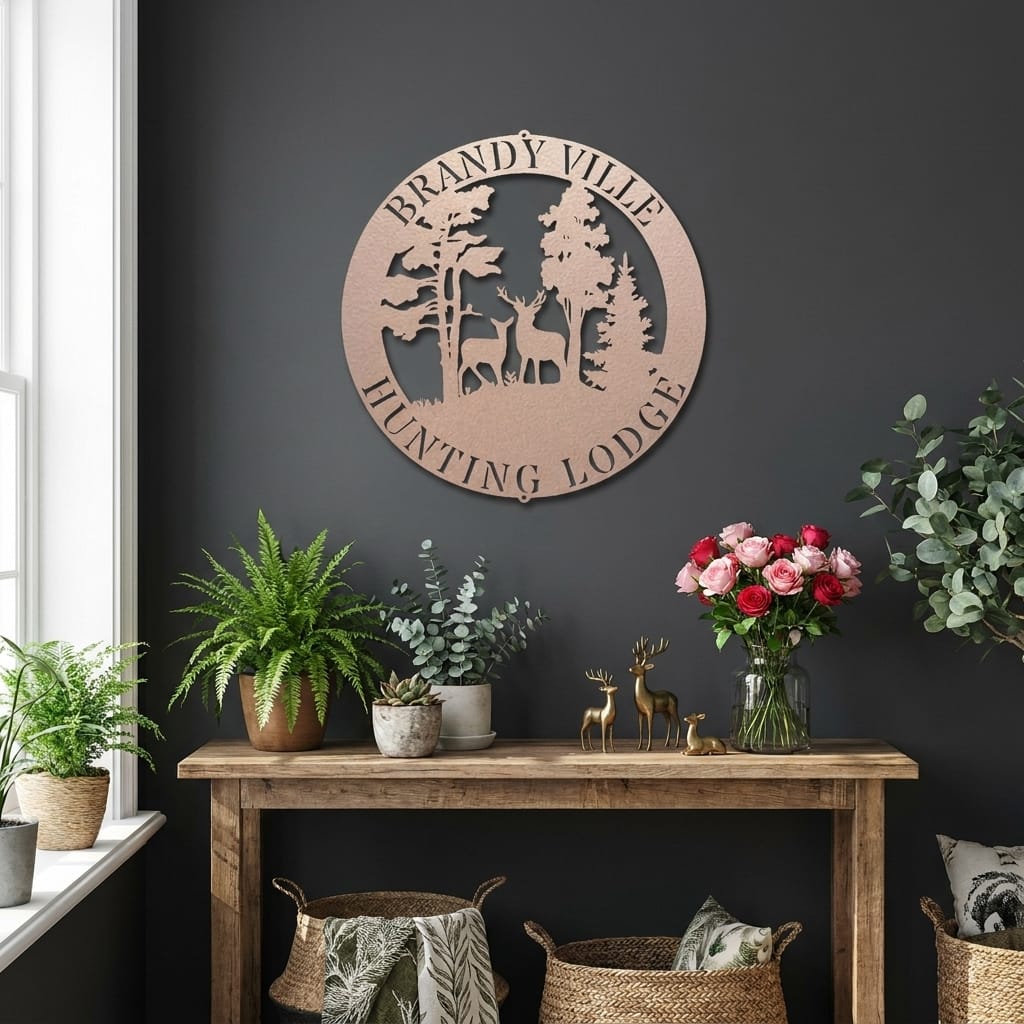 Personalized Deer Scene Metal Sign – Custom Last Name Wall Art – Rustic Cabin Forest Decor Gift