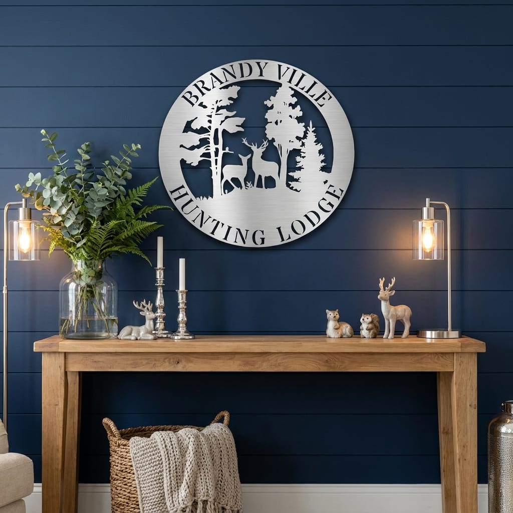 Personalized Deer Scene Metal Sign – Custom Last Name Wall Art – Rustic Cabin Forest Decor Gift